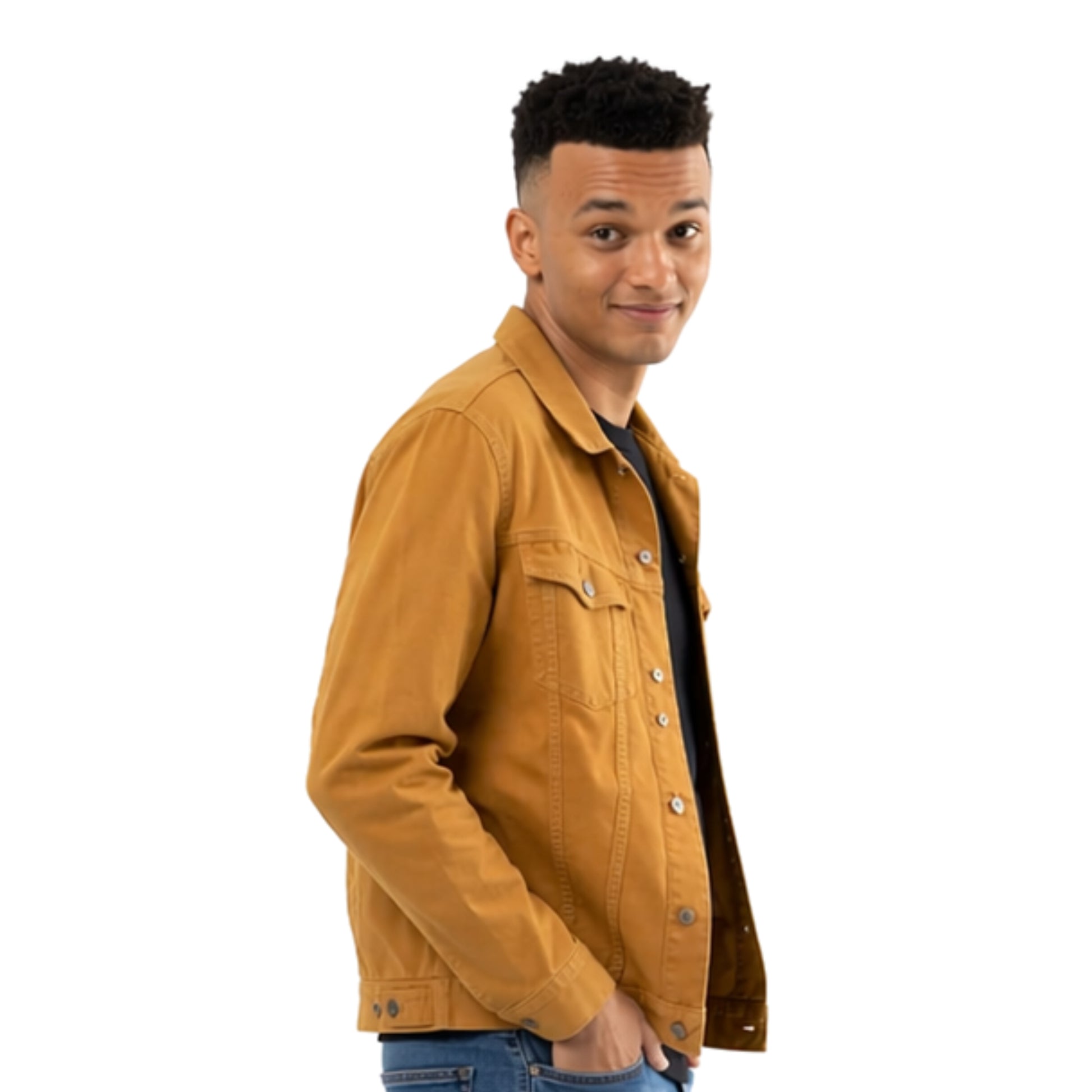Man wearing a mustard yellow jacket on a white background