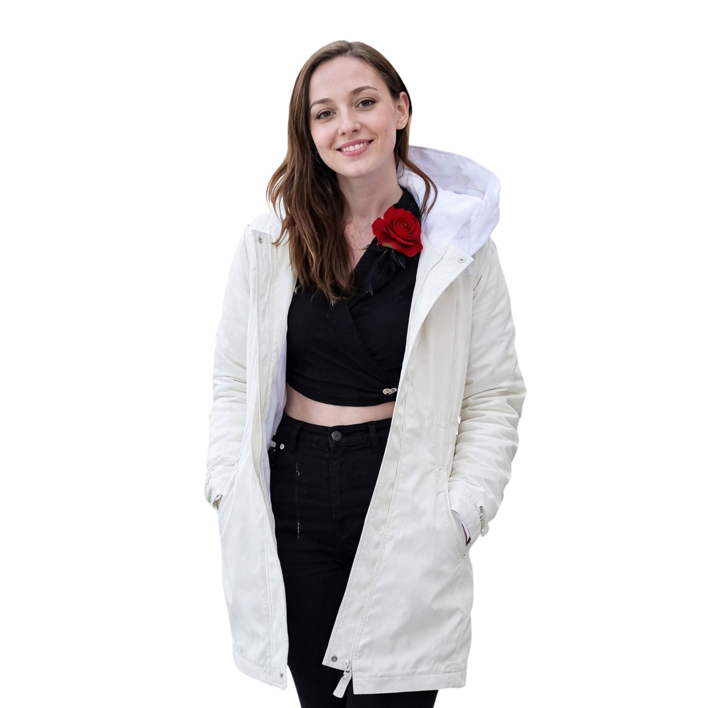 Woman wearing a white hooded jacket on a white background