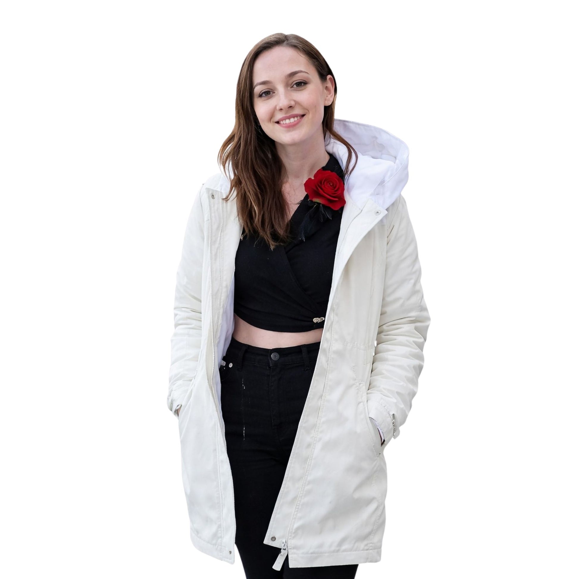 Woman wearing a white hooded jacket on a white background