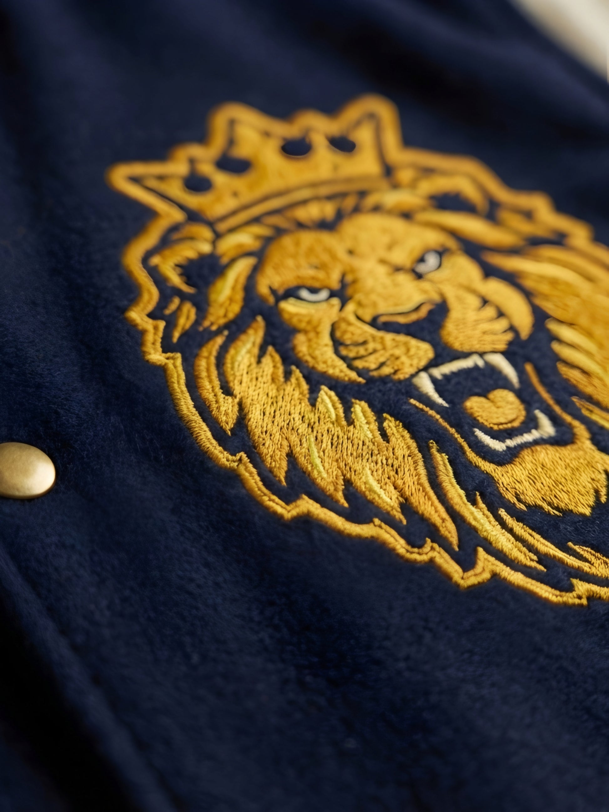 Embroidered lion design on a dark fabric background