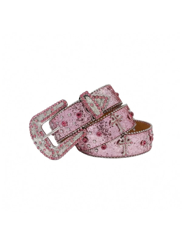 Pink belt with decorative buckle on a white background