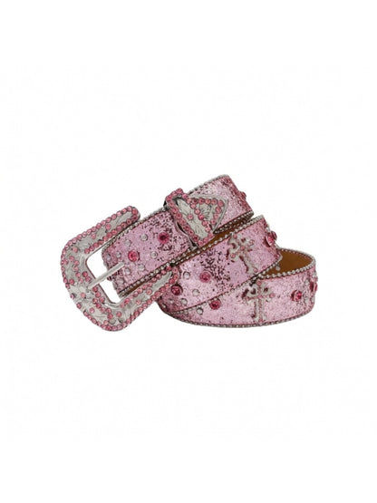 Pink belt with decorative buckle on a white background
