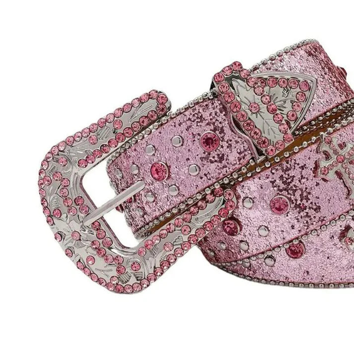 Pink belt with silver buckle and rhinestone details on a white background