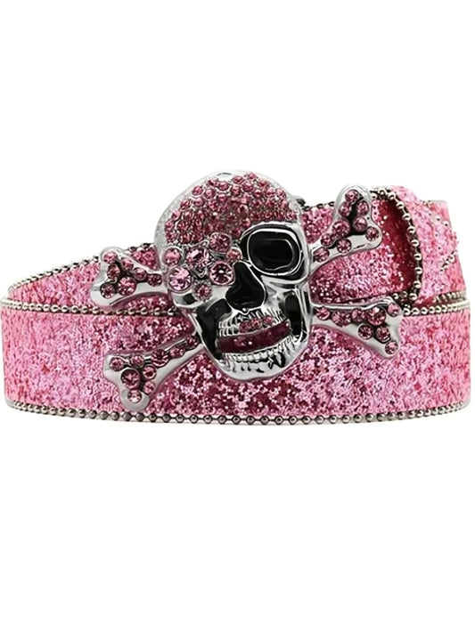 Pink glittery belt with a skull and crossbones design on a white background