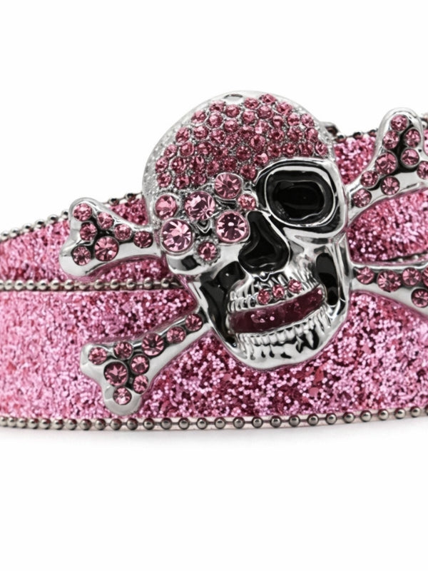 Pink glittery skull and crossbones design on a white background
