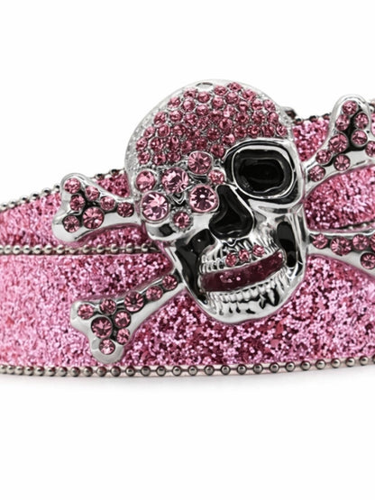 Pink glittery skull and crossbones design on a white background