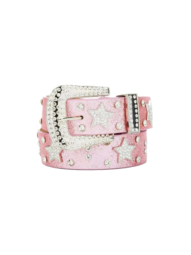 Pink belt with star designs and silver buckle on a white background