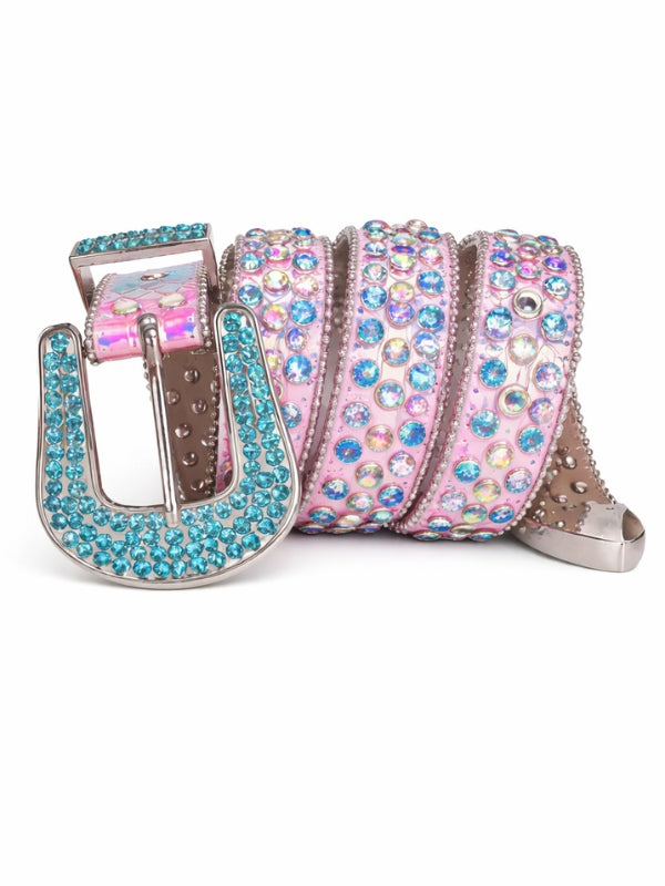 Pink belt with turquoise and multicolor gemstones on a white background