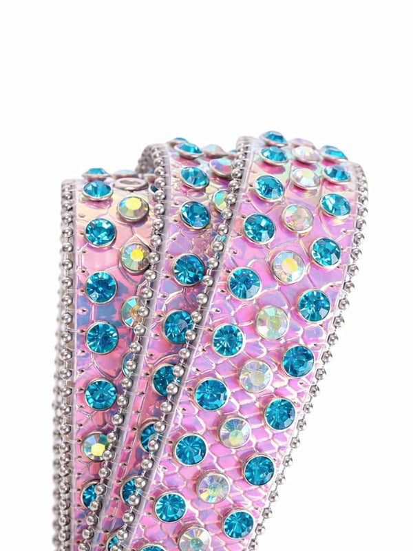 Pink and blue embellished ribbon on a white background