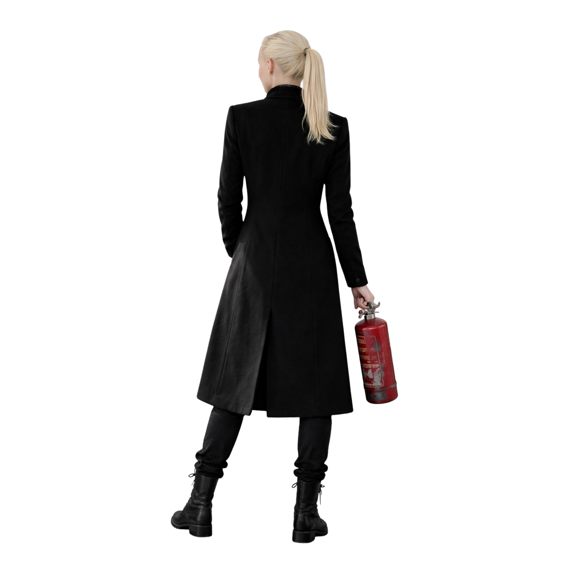 Person wearing a long black coat holding a red fire extinguisher on a white background