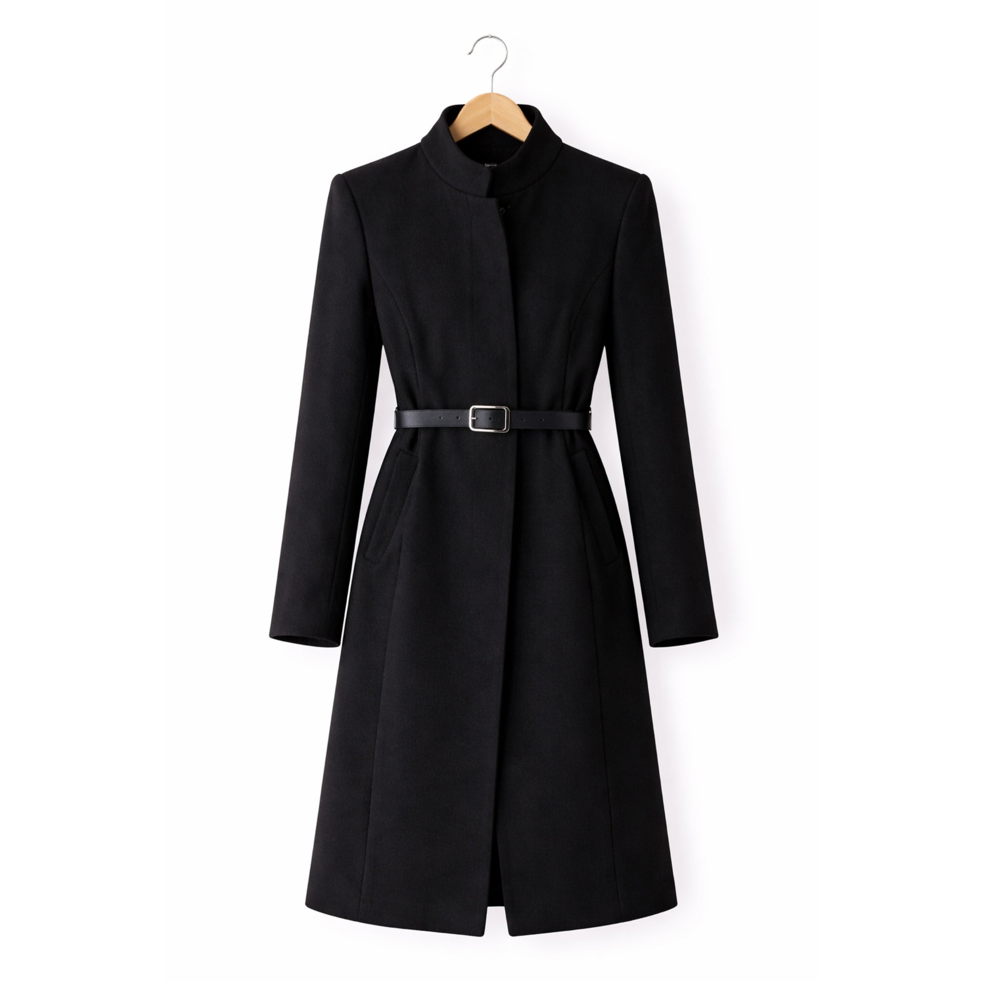 Black coat on a hanger against a white background