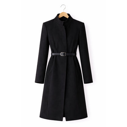 Black coat on a hanger against a white background