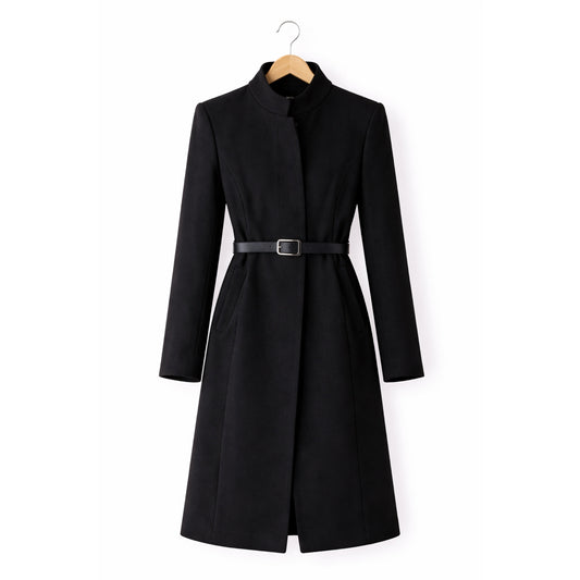Black coat on a hanger against a white background