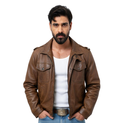 Man wearing a brown leather jacket on a white background