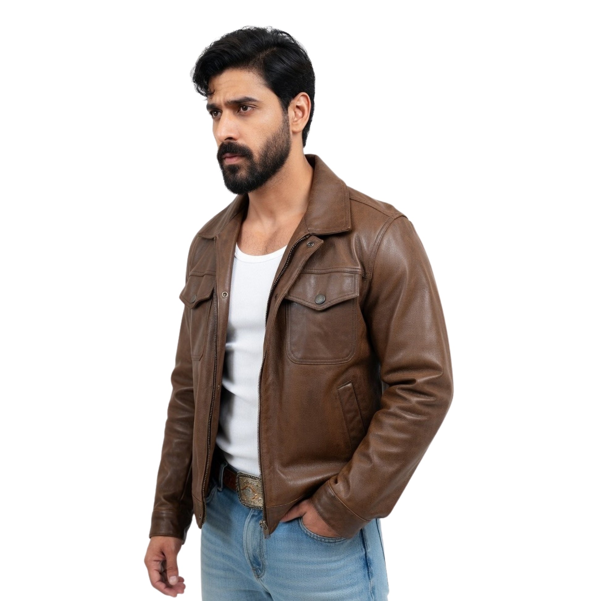 Man wearing a brown leather jacket on a white background