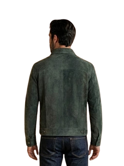 Man wearing a green suede jacket on a white background
