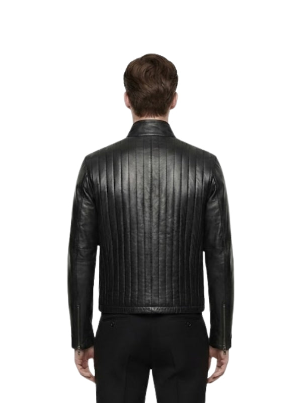 Man wearing a black leather jacket on a white background