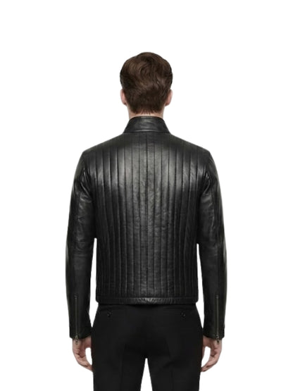 Man wearing a black leather jacket on a white background