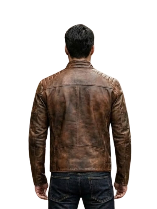 Brown leather jacket worn by a person on a white background