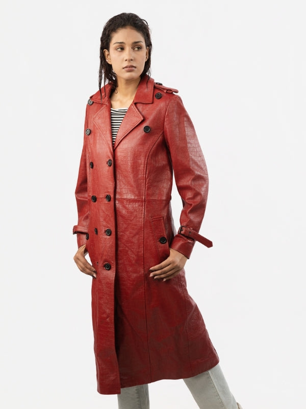 Woman wearing red leather coat