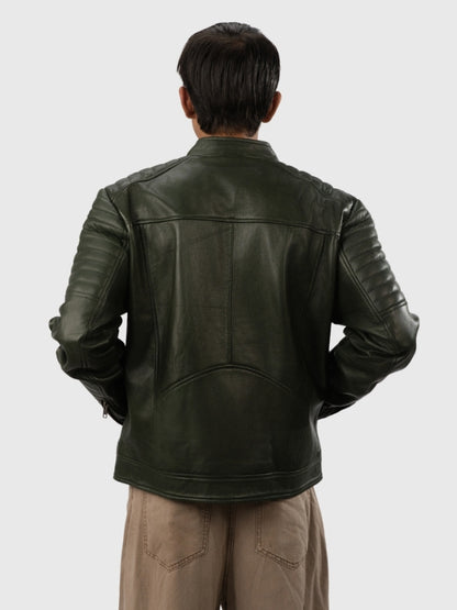 Person wearing a Green leather jacket on a white background