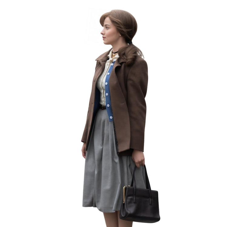 Woman in a brown coat with a gray skirt and black handbag on a white background