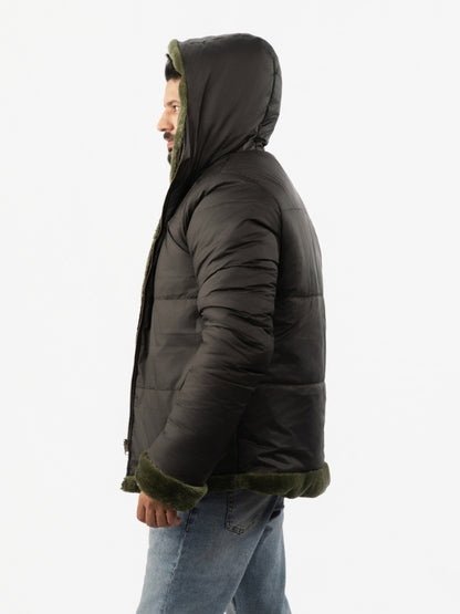 Men’s Reversible Hooded Jacket – Olive & Black Double Sided
