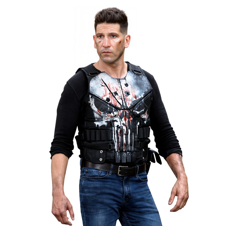 Man wearing a tactical vest with a Punisher logo on a white background
