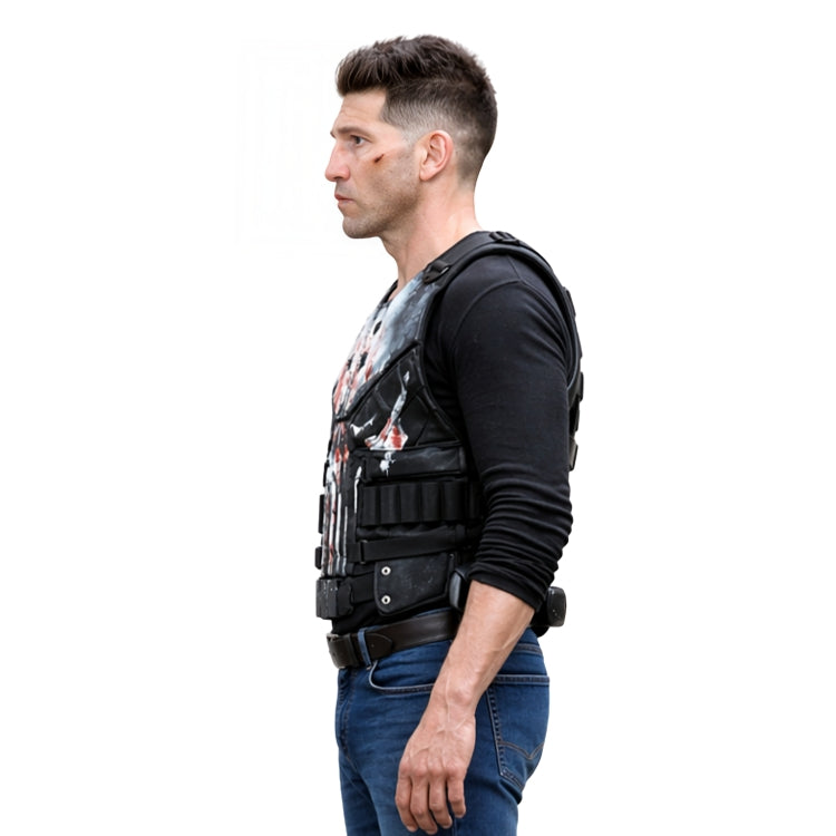 Man wearing a black tactical vest on a white background