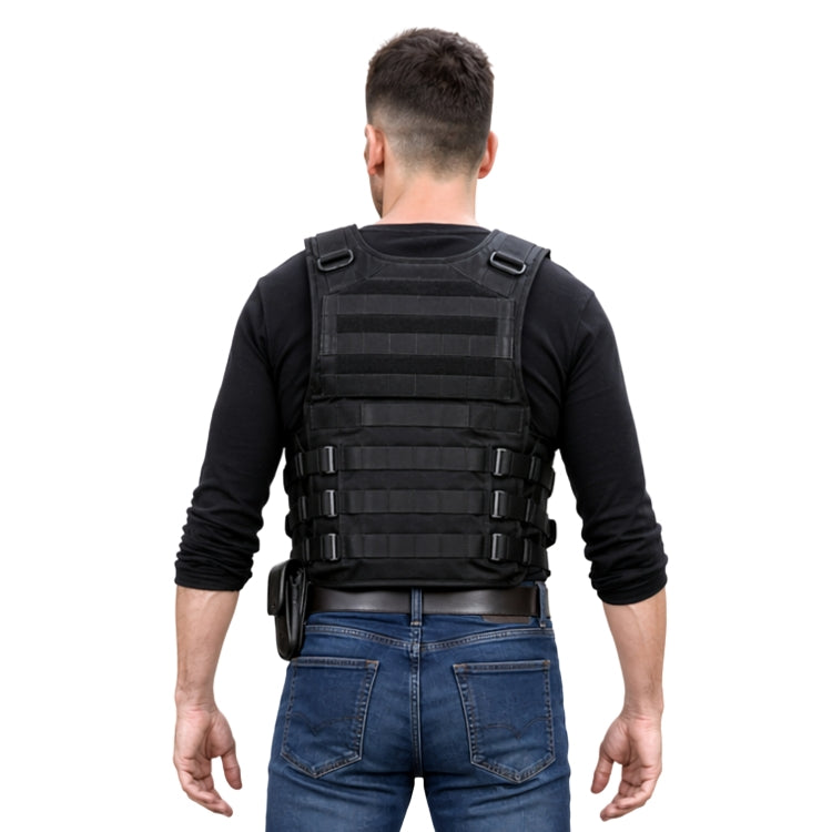 Person wearing a black tactical vest on a white background