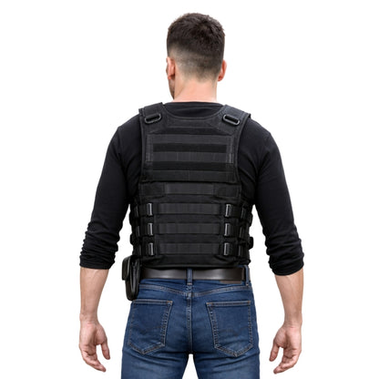 Person wearing a black tactical vest on a white background