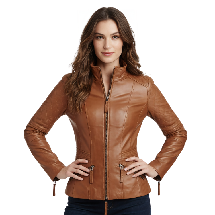 Quilted Brown Lambskin Leather Biker Jacket