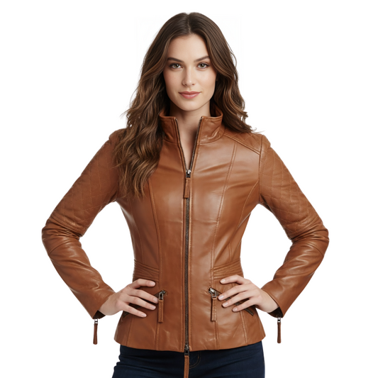 Quilted Brown Lambskin Leather Biker Jacket