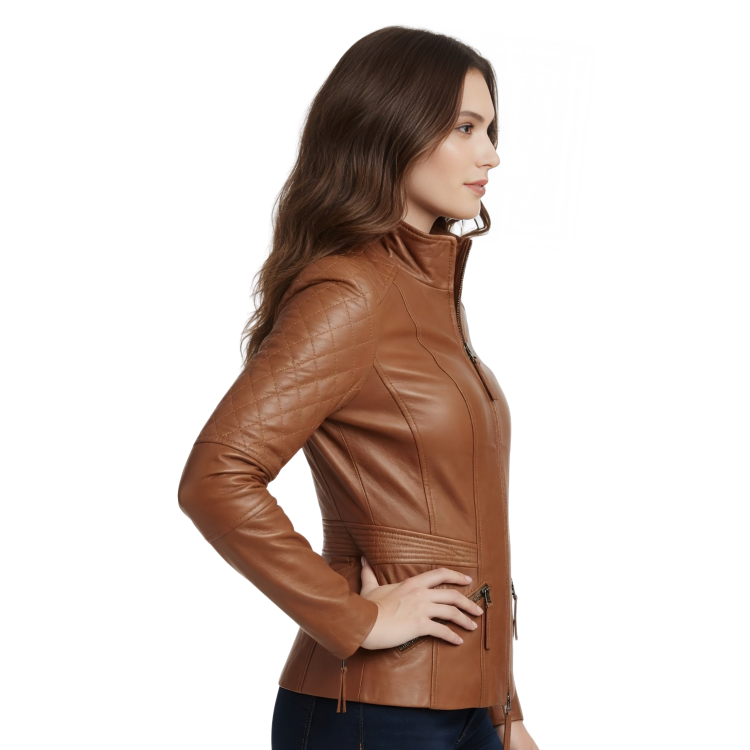 Quilted Brown Lambskin Leather Biker Jacket Sale