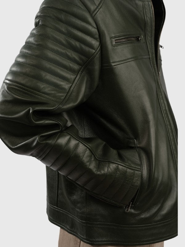 Close-up of a Green leather jacket on a light gray background