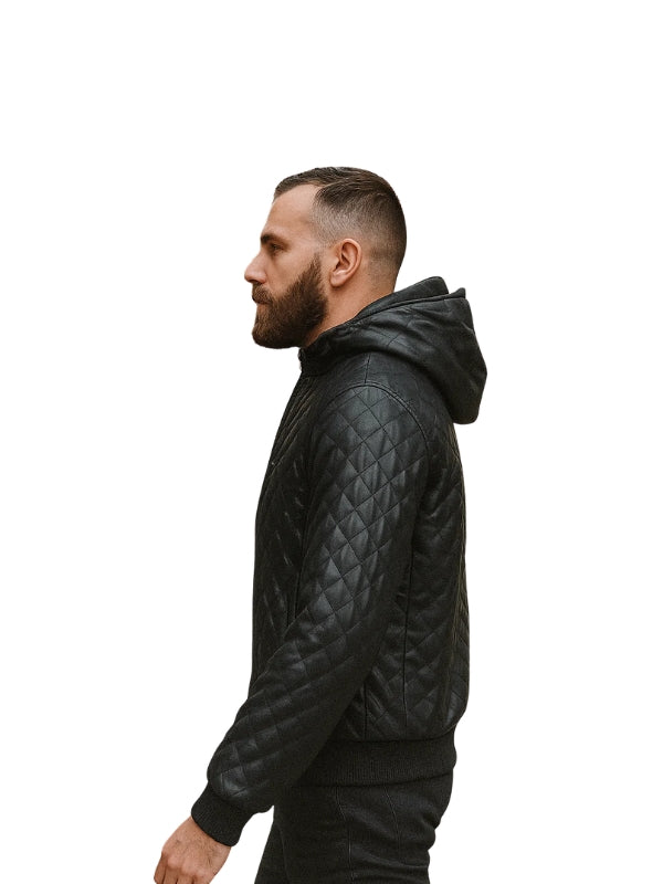Quilted hooded bomber Quilted Black Leather Jacket