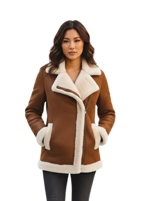 Woman wearing a brown coat with white fur trim on a white background