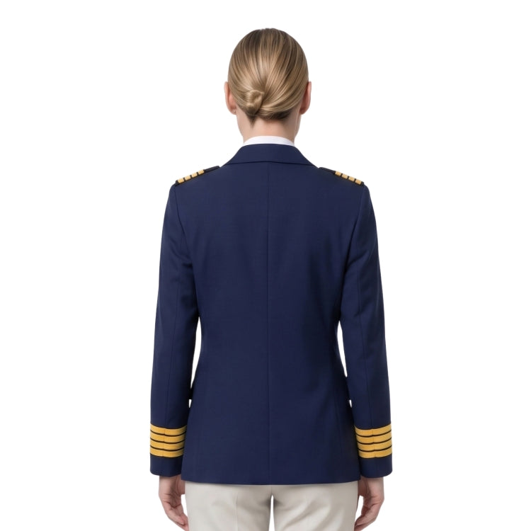Navy blue uniform jacket with gold accents on a white background