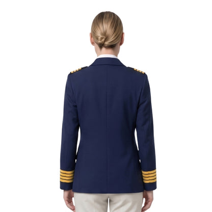 Navy blue uniform jacket with gold accents on a white background