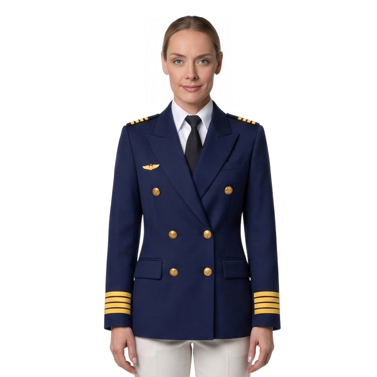 Women wearing a blue blazer on a white background