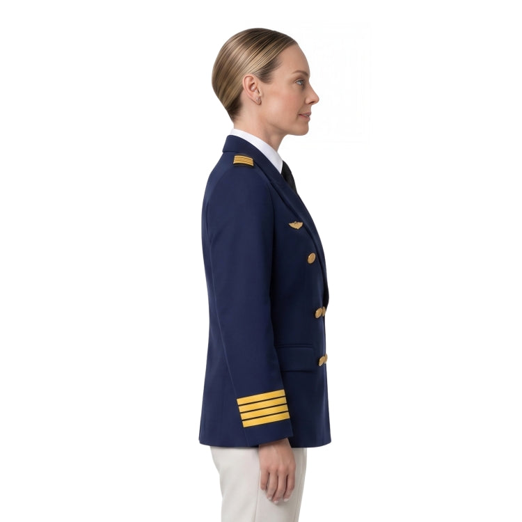 Person wearing a navy blue uniform with gold accents on a white background