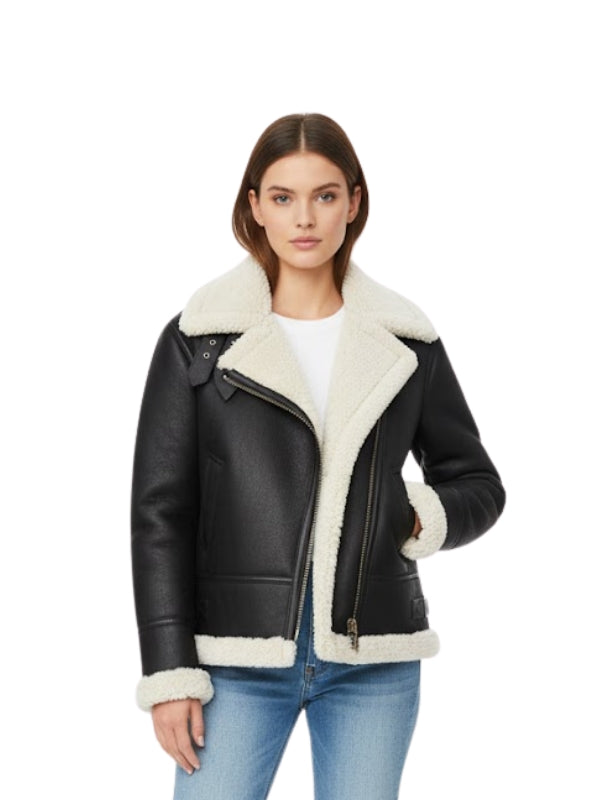 Woman wearing a black leather jacket with white fur trim on a white background