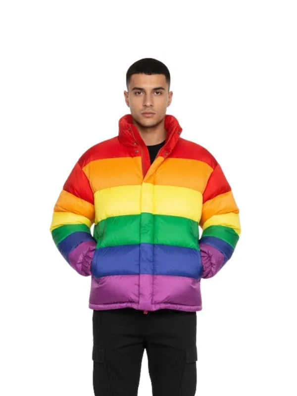 Rainbow puffer jacket featuring colorful padded winter style