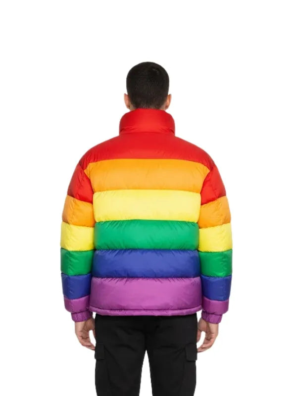 Multicolor rainbow puffer jacket with bold vibrant design