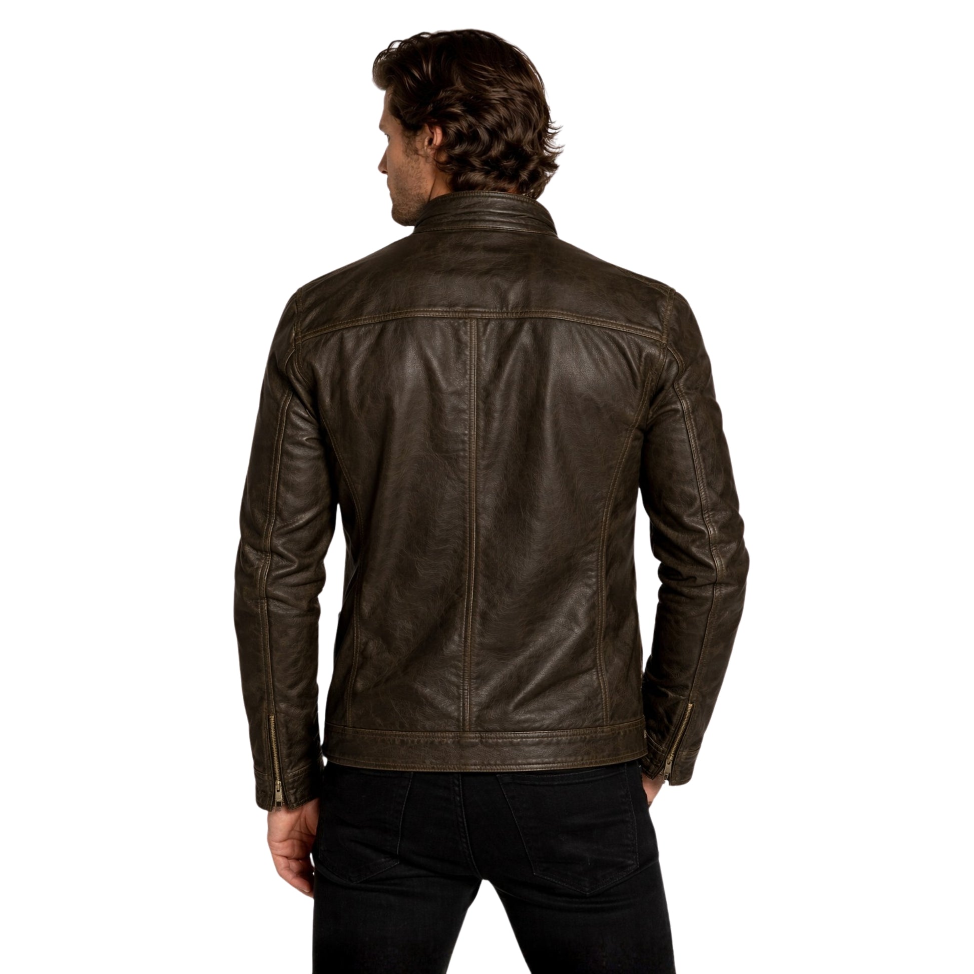 Man wearing a brown leather jacket on a white background
