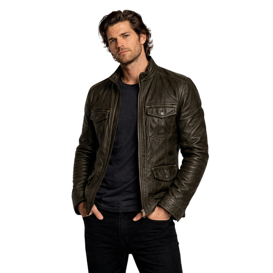 Man wearing a brown leather jacket on a white background