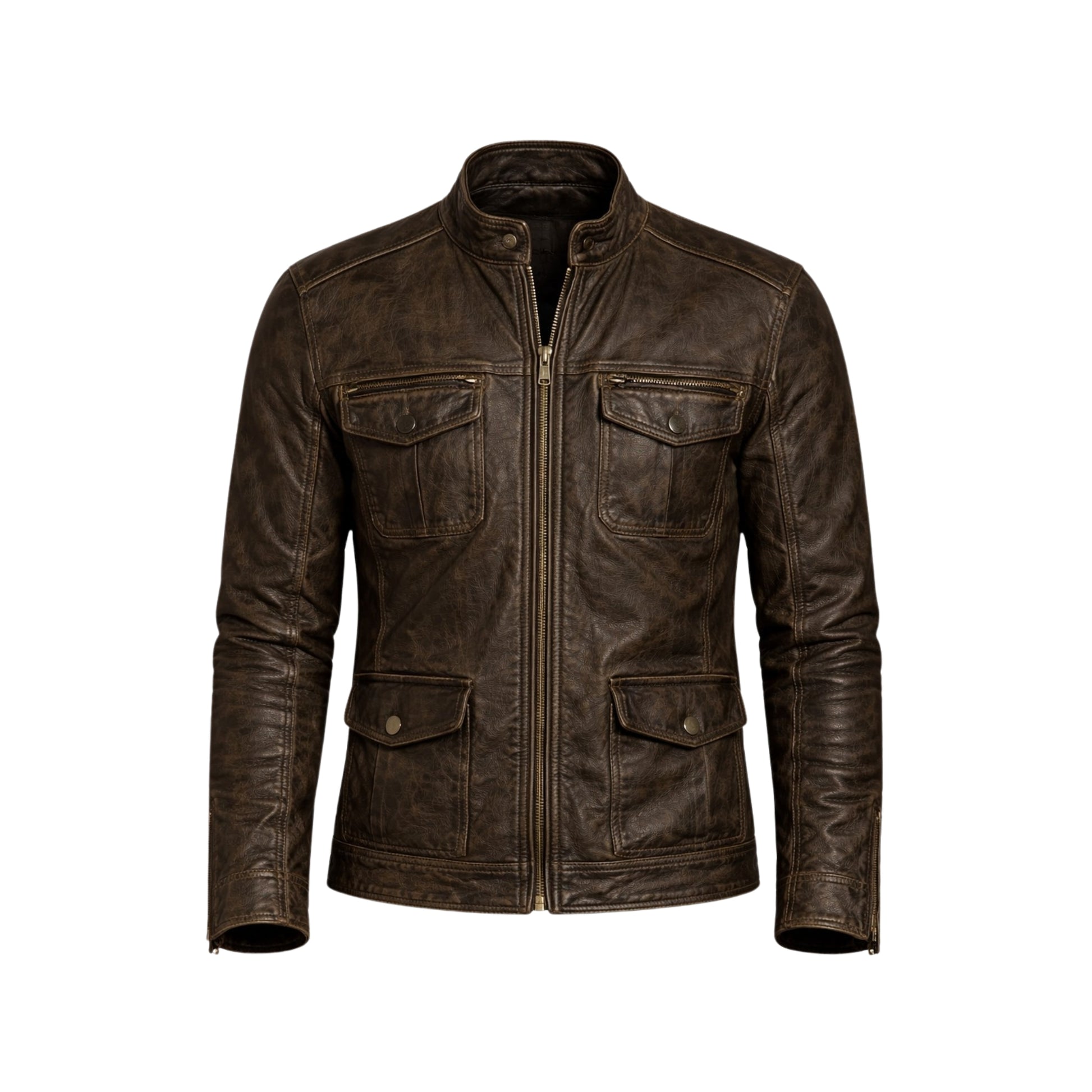 Brown leather jacket on a white background