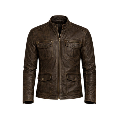 Brown leather jacket on a white background