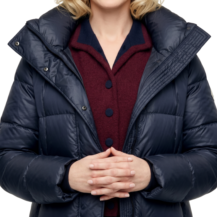 Rebecca Eileen Anne Hathaway Puffer Trench Coat Closeup shot