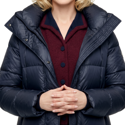 Rebecca Eileen Anne Hathaway Puffer Trench Coat Closeup shot